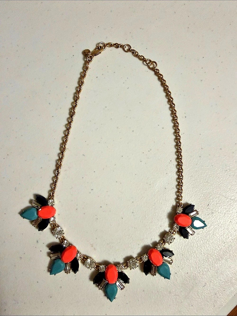 J.Crew Gold Tone Blue Neon Orange Rhinestone Statement Bib Collar Necklace Bib